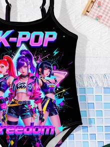 Young Girls K-Pop Superstars Cartoon Girl Group Swimsuit With Printed Pattern, One-Piece Swimwear Suitable For Summer - Multicolor - View 5