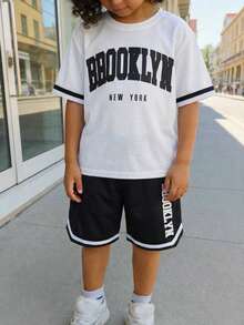 SHEIN Tween Boy Letter Print Casual Sporty Round Neck Short Sleeve T-Shirt And Shorts Set - White - View 1