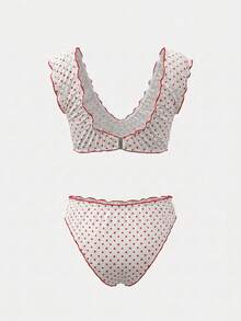 lacRébo Bộ bikini màu kem với chấm bi đỏ, tay áo ngắn và chi tiết bèo nhún tương phản, kiểu dáng dễ thương Pháp, thích hợp cho mùa hè, đi biển, gồm 2 mảnh. - Màu be - Xem 7