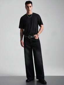 Zorclune Quần jean ống rộng màu đen dáng rộng thường ngày cho nam, phong cách đường phố thường ngày, mọi mùa, phong cách Grunge - màu đen - Xem 5