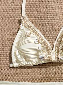 SHEIN Bộ 3 món bikini cho bé gái tuổi teen, vải lưới dệt dễ thương nền đen họa tiết hoa hồng, đồ bơi thời trang thường ngày thanh lịch phù hợp để bơi, đi nghỉ mát, mùa hè - Màu be - Xem 3