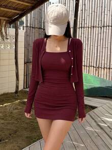 DAZY Ladies' Single Breasted Long Sleeve Top And Cami Dress Set Summer, Women Two Pieces Sets Lounge Sets For Women - Burgundy - View 13