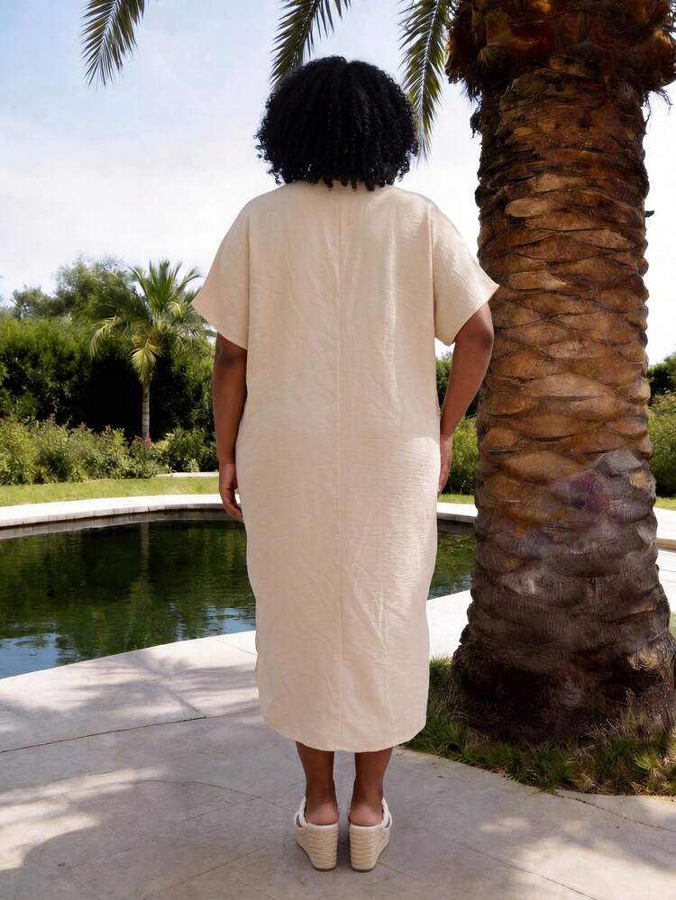 Plus Size Women Khaki V-Neck Midi Straight Dress