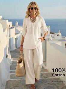EMERY ROSE Women's Casual Solid Color Notched Neck Loose Top And Wide Leg Pants 2 Pieces Set,Summer Outfits For Women - Beige - View 9