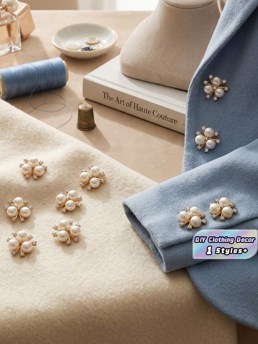 10 Peças Botões com Forma de Flor de Pérola Falsa e Strass, Grampos de Cabelo de Cristal Cintilante, DIY, Artesanato Feito à Mão, Pingente de Costura Branco DIY, Flor Minimalista em Forma de Flor DIY, Decoração de Roupas, Acessório de Costura, Natal, Presente de Feriado - Dourado - Visão 1