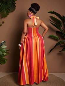 Maweii Plus Size Printed Halter Tie Back Deep V-Neck Dress - Multicolor - View 2