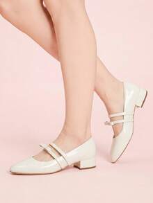 CUCCOO DOLLMOD Zapatos de mujer con punta redonda, de cuero patentado beige, con lazo y doble correa, tacón grueso, estilo Mary Jane, estilo universitario, lindo, dulce, tacones altos - Blanco roto - Ver 4