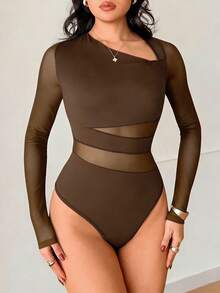 Rafferiza Eleganter taillierter, sexy Bodysuit mit schräger Kragen-Einsätzen aus Mesh, Langarm, Schwarz, Herbst/Winter - Kaffeebraun - Übersicht 5