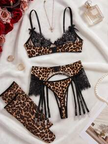 SHEIN 4pcs Leopard Print Lace Patchwork Sexy Lingerie Set For Women - Multicolor - View 2