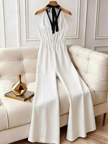 SHEIN Franclia Bộ áo liền quần nữ thanh lịch, màu đen trắng, phối nơ kim loại, thích hợp cho công sở. - trắng - Xem 2