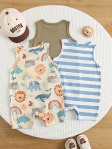SHEIN Bộ 3 món áo liền quần cho bé trai/bé gái/unisex họa tiết hoạt hình và kẻ sọc dễ thương, áo liền quần cơ bản mùa hè, áo liền thân cho trẻ sơ sinh. - Nhiều màu - Xem 2