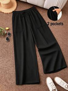 SHEIN Frenchy Plus Size Women's Black Wide-Leg Pants With Pockets,Sommar Smart Casual Everyday Solid Color Beach Shorts,Commuting Fashion Essential For Vacation - Black - View 7