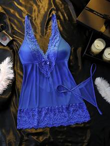 Seduluxe 2pcs/Set Plus Size Lace Contrast Mesh Wireless Lingerie Dress Wedding Guest Royal Blue Summer - Blue - View 7