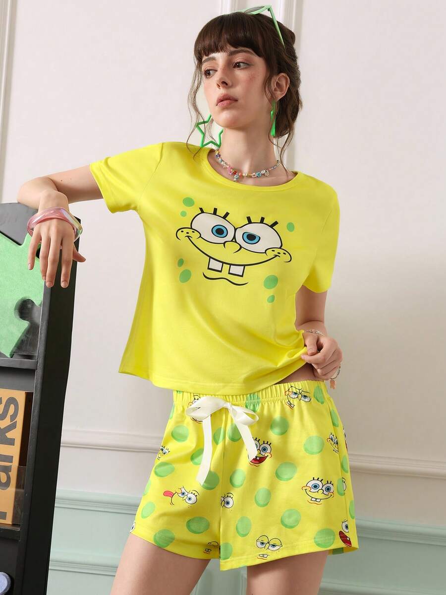 SpongeBob SquarePants | SHEIN Chillnights Cartoon Print Young Energetic Cute Short Sleeve & Shorts Women Pajama Set - Yellow - View 1