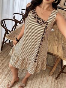 Weeklong Vestido mini de línea A con cuello asimétrico, parches y estampado de leopardo, contraste de colores, para mujer talla grande, casual, para vacaciones, primavera/verano - Multicolor - Ver 5