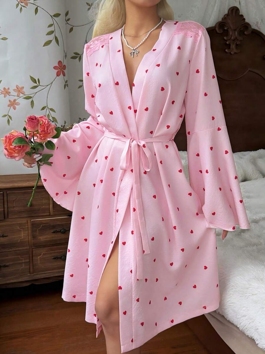 CottageSlumber Áo choàng tắm ren phối họa tiết trái tim đỏ, đồ ngủ dài tay dễ thương in họa tiết dành cho nữ, thích hợp cho mùa xuân và mùa thu. - Hồng - Xem 1