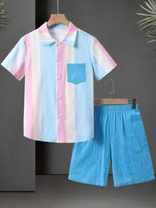 SHEIN 2pcs/Set Kids/Tween Boys' Casual Striped Shirt And Shorts Set, Suitable For School, Commute, Daily Wear, Sports, Spring/Summer - Blue - View 3