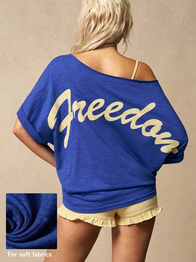 VARSIVA Women's Letter Print Loose Fit Asymmetric Neck Sporty T-Shirt