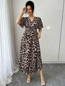 SHEIN LUNE Women's Fashion Leopard Print V-Neck Dress - Multicolor - View 6