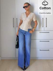 Siren Gaze Verano,Estilo Francés Elegante,Blusa de Lujo con Cuello en V y Volantes para Brunch Chic para Mujeres,Top de Manga Corta Ajustado y Cómodo para Oficina y Trabajo - Multicolor - Ver 6