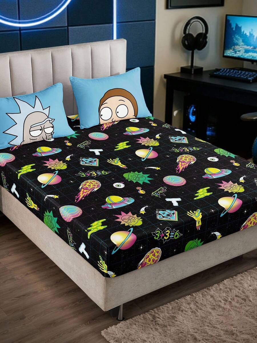 Rick and Morty X SHEIN 1件黑色背景黄绿色卡通人物印花床垫,底布材质,柔软保暖,适用于单人床/双人床/大号床/特大号床,凉爽透气,适合卧室搭配。 - 黑色 - 查看 1