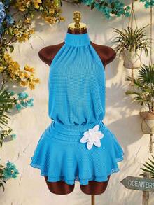Amplova Abito da vacanza in stile boho romantico, tessuto traslucido con texture, dettaglio in vita con fiori 3D, mini abito a collo alto per donna - Blu - Visualizzare 3