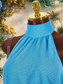 Amplova Abito da vacanza in stile boho romantico, tessuto traslucido con texture, dettaglio in vita con fiori 3D, mini abito a collo alto per donna - Blu - Visualizzare 5