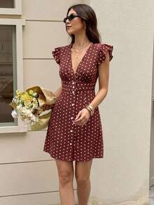 Serisse Đầm ngắn nữ mùa hè kiểu dáng thường ngày, họa tiết chấm bi, viền bèo nhún. - màu nâu - Xem 1