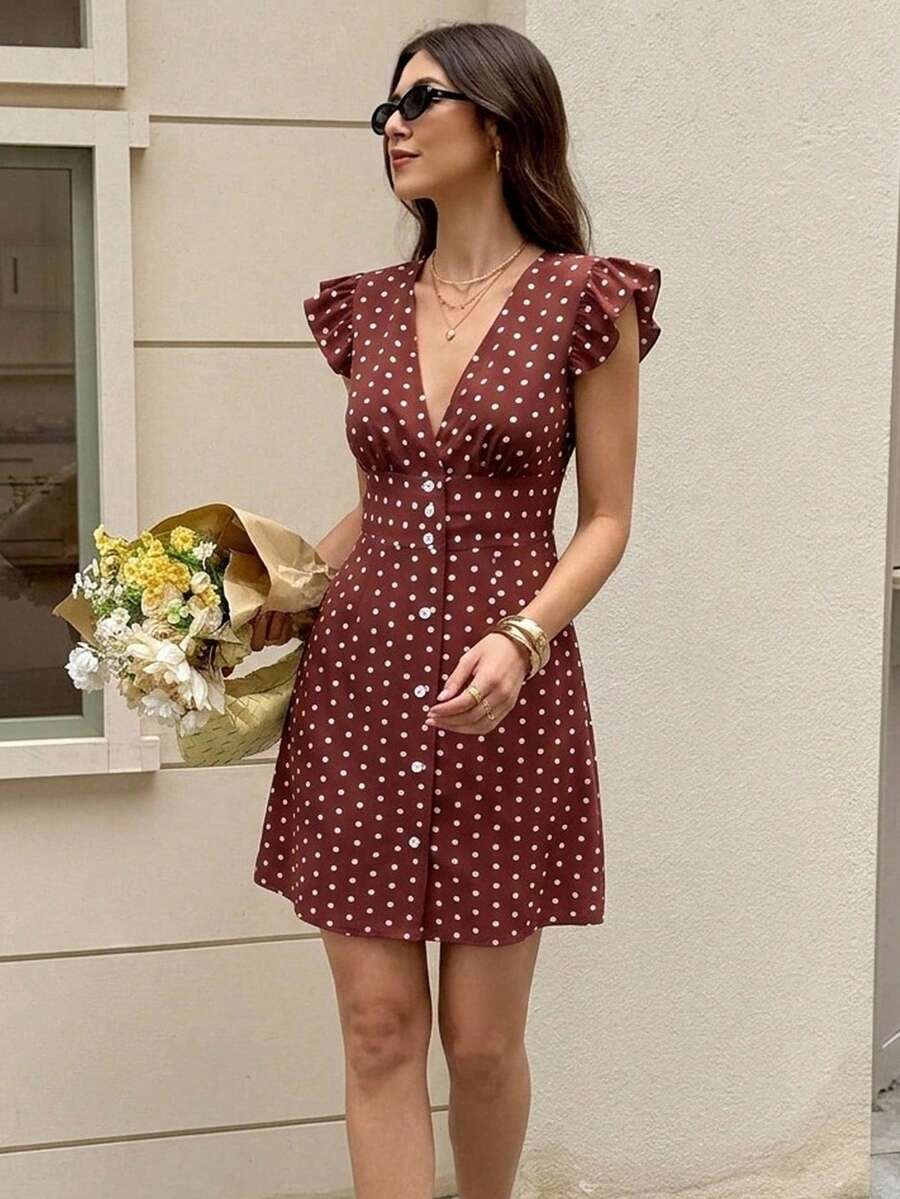 Serisse Đầm ngắn nữ mùa hè kiểu dáng thường ngày, họa tiết chấm bi, viền bèo nhún. - màu nâu - Xem 1