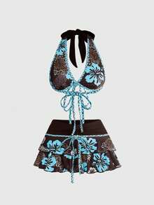 ROMWE Avant Hibiscus Print Triangle Cup Halter Waist Ruched Low Waist Super Skirt 2 Pieces Set, Vacation Island Style - Brown - View 1