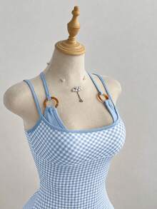 Flirla Gaun Mini 2 In 1 Motif Kotak-kotak Polos Minimalis untuk Wanita - Baby Blue - View 4