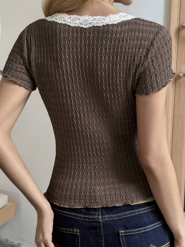 V-Neck Lace Patchwork Twist Slim Fit Short Sleeve Sports T-Shirt, Summer