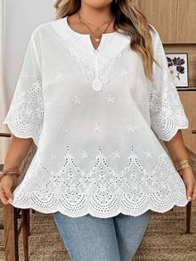 SHEIN CURVE+ Áo kiểu dáng rộng rãi, màu trơn, phối ren, cổ khoét, thích hợp cho mùa hè, dành cho người có vóc dáng mũm mĩm. - trắng - Xem 2