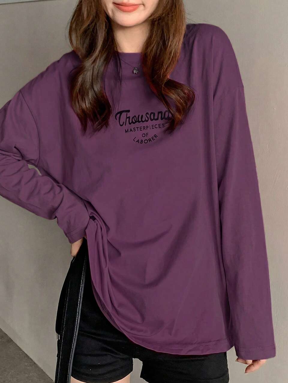 Women's Letter Print Round Neck Drop Shoulder Long Sleeve Casual T-Shirt