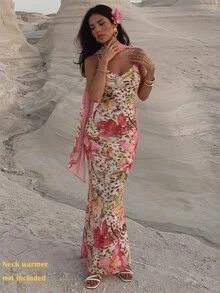 Firerie Women's Black And White Leopard Print Summer Boho Tropical Vacation Holiday Floral Draped Neck Criss-Cross Backless Maxi Dress,Mesh Elastic Fabric - Multicolor - View 10