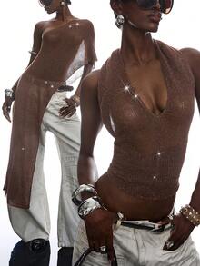 LYSMO Women Knit Top With Shiny Yarn Asymmetrical Design - Coffee Brown - View 7