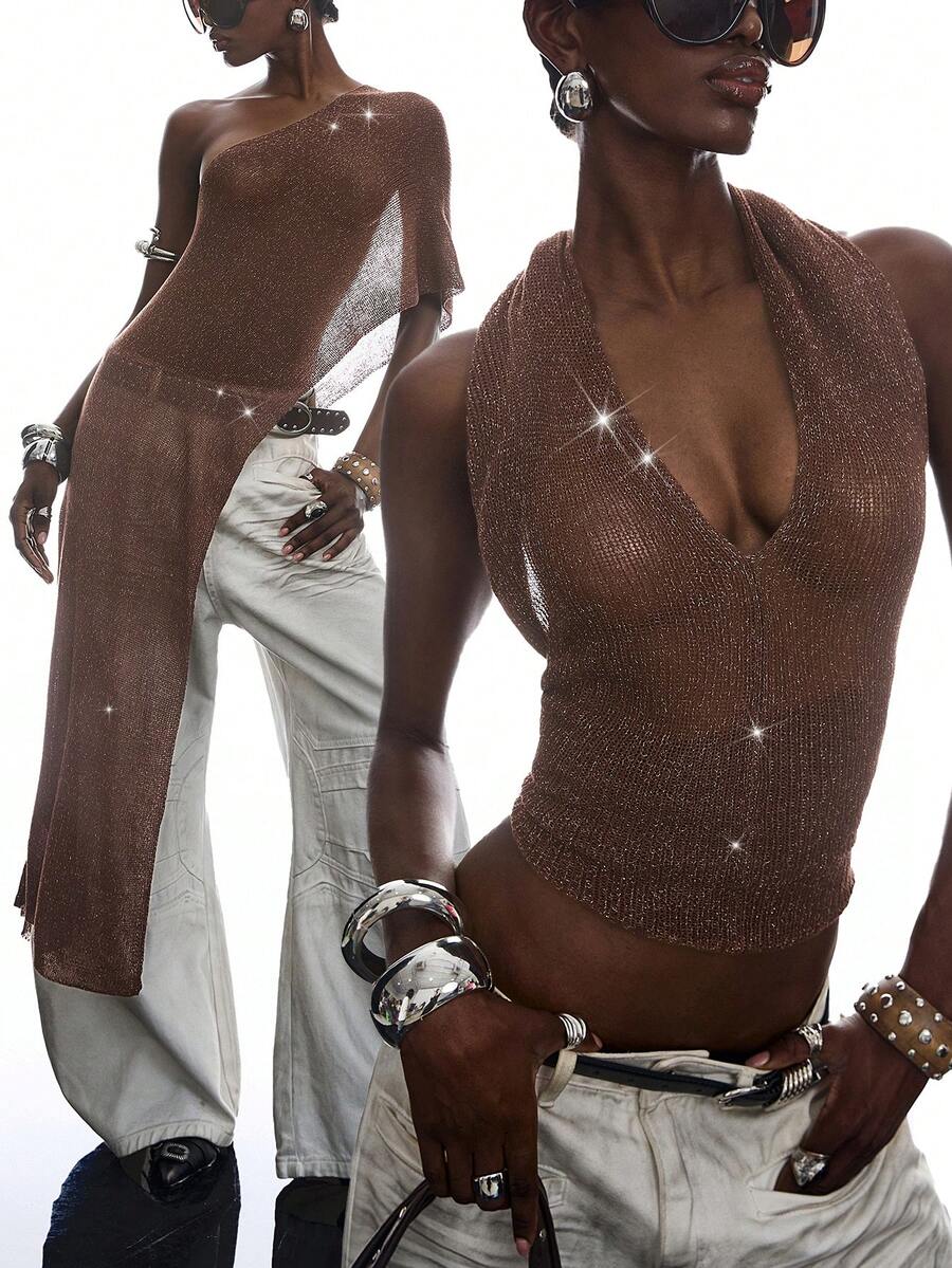 LYSMO Women Knit Top With Shiny Yarn Asymmetrical Design - Coffee Brown - View 1