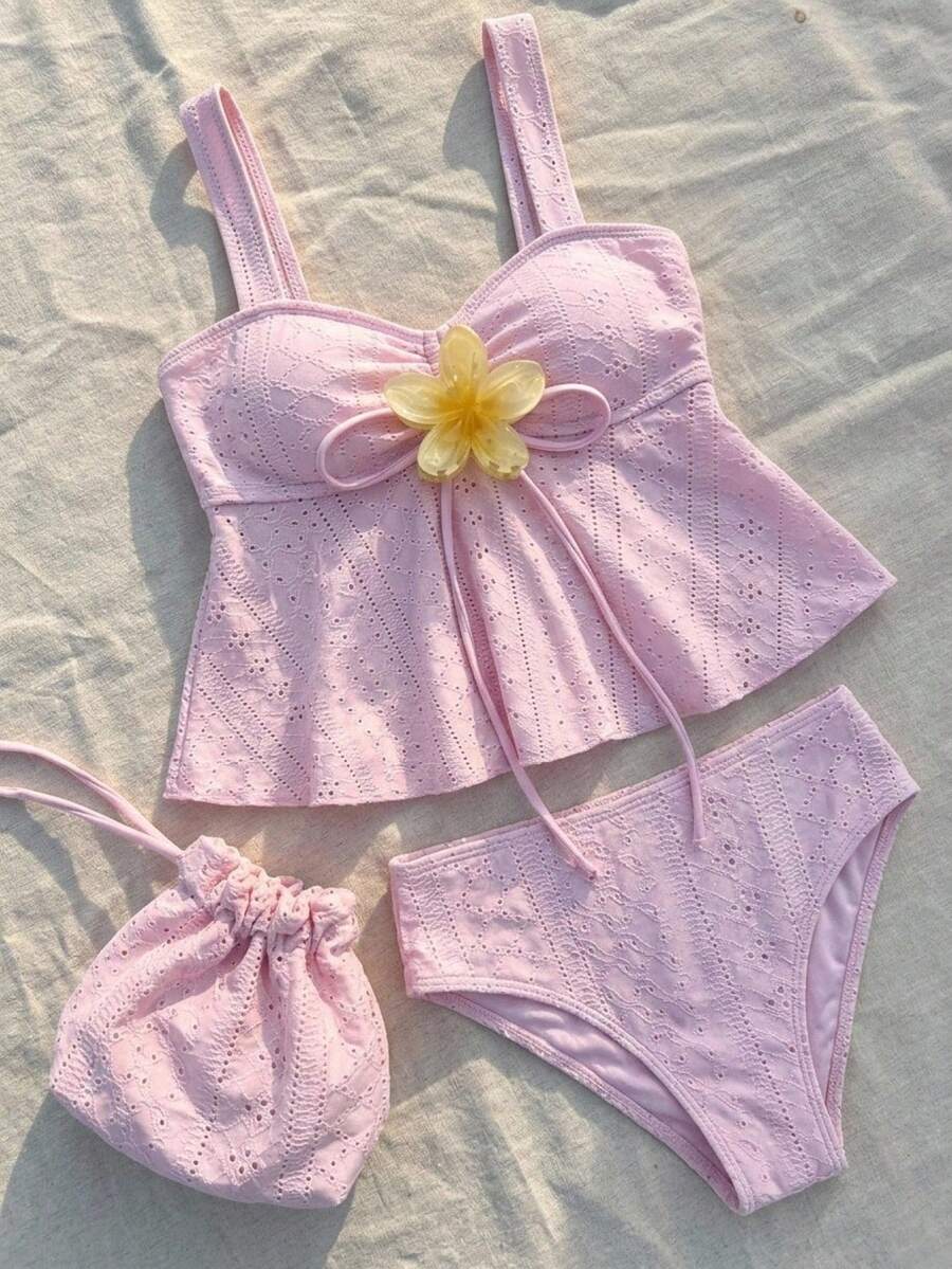 SHEIN 少女度假海滩夏季系带吊带背心泳衣套装 - 粉色 - 查看 1