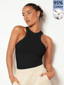 SHEIN BASICS 女士95%纯棉黑色紧身小圆领背心 - 夏季休闲运动装，居家、健身、瑜伽、骑行、返校、西部音乐节、甜美少女风、清爽少女风、复古风、Y2K风、Z世代时尚 - 彩色 - 查看 7