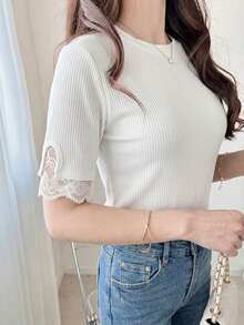 FRIFUL Women's Spring/Summer Short Sleeve Solid Color Patchwork Sheer Lace Fabric Ribbed Fashionable Slim Fit Versatile T-Shirt - White - View 5