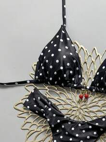 Swim Mod 2pcs/Set Spring & Summer Vacation Random Cherry Print Halter Triangle Cup Bra And Bikini Bottoms Sexy Women Swimwear Set - Black and White - View 4
