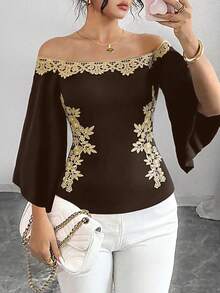 Elenzga Plus Size Women Fashion Versatile 3D Embroidery Decor Off-Shoulder T-Shirt - Brown - View 4