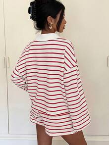 2026 Nuevo Conjunto informal de 2 piezas de camiseta de manga larga con hombros caídos y cuello de solapa a rayas y pantalones cortos para mujer - Rojo y blanco - Ver 2