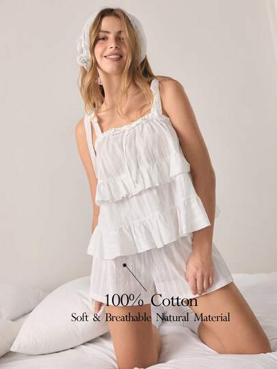 Ocili Bộ đồ ngủ nữ màu trơn, áo hai dây viền bèo nhún và quần short, thích hợp cho mùa hè.