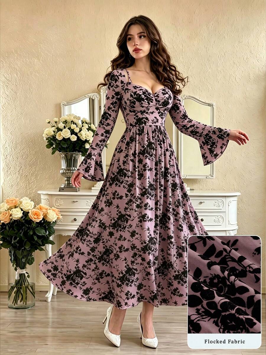 Modelyn 女士法式复古优雅莲根粉色花卉植绒网纱喇叭袖收腰连衣裙
