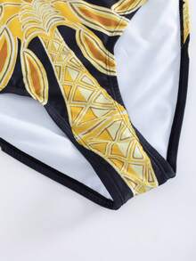 Swim Oasis Conjunto de 2 piezas para mujer talla grande, con estampado de árboles de coco, diseño de moda casual para vacaciones, diseño minimalista, estilizador, que cubre el vientre, cuello halter, con lazada, de largo, con malla estampada - Negro - Ver 3