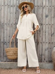 EMERY ROSE Women's Casual Solid Color Notched Neck Loose Top And Wide Leg Pants 2 Pieces Set,Summer Outfits For Women - Beige - View 6