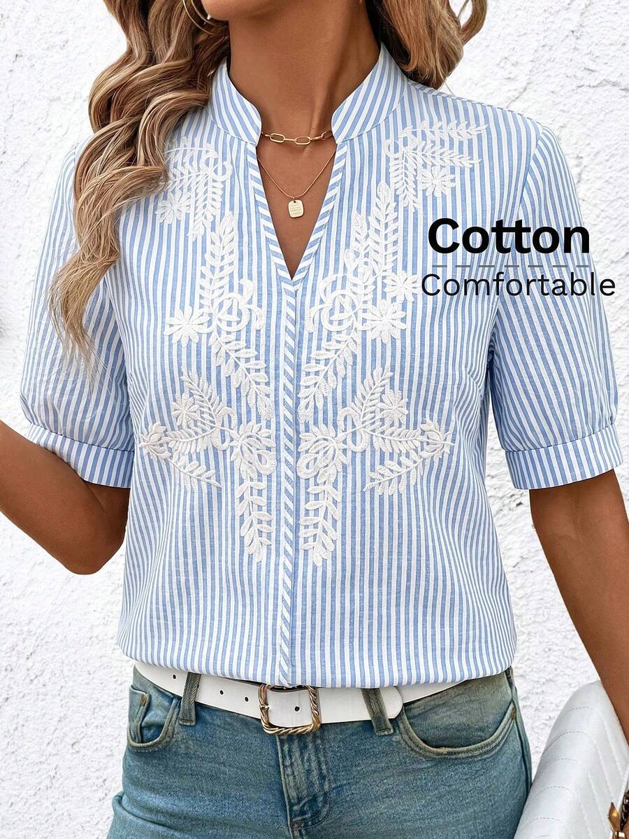 SHEIN Clasi Exquisites besticktes blau-weißes gestreiftes Hemd, geeignet für den täglichen Gebrauch, bequem - Blau-Weiß - Übersicht 1