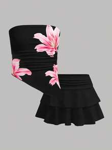 SHEIN Girlism 少女碎花露脐背心和荷叶边半裙两件套，休闲度假装 - 黑色 - 查看 3