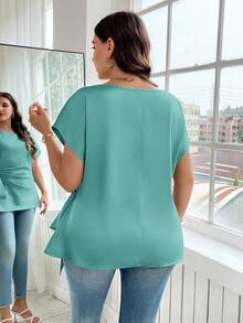 Reflora Plus Size Solid Color Round Neck Twist Pleated Elegant Short Sleeve Blouse - Mint Blue - View 4